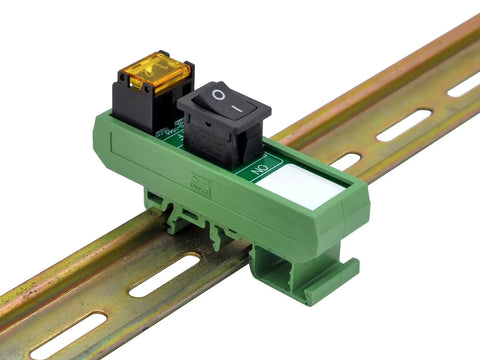 Rail Mount Rocker Switch Module For 10 Amp Power, Compatible With 250VAC Or 50VDC, One Channel, Easy On Off Rocker shown installed