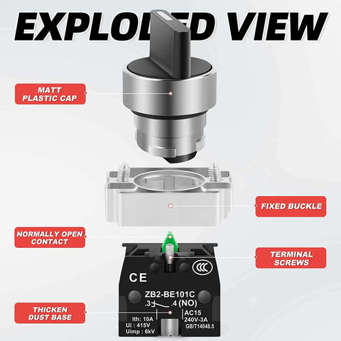 Exploded view of Two Pack Latching Rotary Selector Switch 2 Positions Maintained 1NO SPST 600V 10A for industrial panels.
