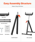Killer 2 Pack Adjustable Roller Stands Built Like A Tank With Chrome Steel Supports Up To 250 Pounds Each For Straight Up Heavy Duty Workshop Tasks And Precision Cuts, showing assembly parts and structure.