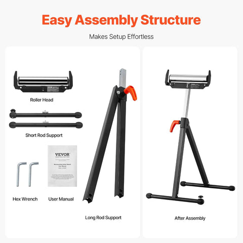 Killer 2 Pack Adjustable Roller Stands Built Like A Tank With Chrome Steel Supports Up To 250 Pounds Each For Straight Up Heavy Duty Workshop Tasks And Precision Cuts, showing assembly parts and structure.