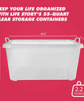 Heavy Duty Stackable Storage Bins Eighteen Pack White Plastic 55 Quart Home Organizers on a red background with dimensions.