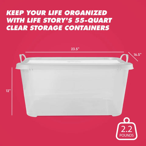 Heavy Duty Stackable Storage Bins Eighteen Pack White Plastic 55 Quart Home Organizers on a red background with dimensions.