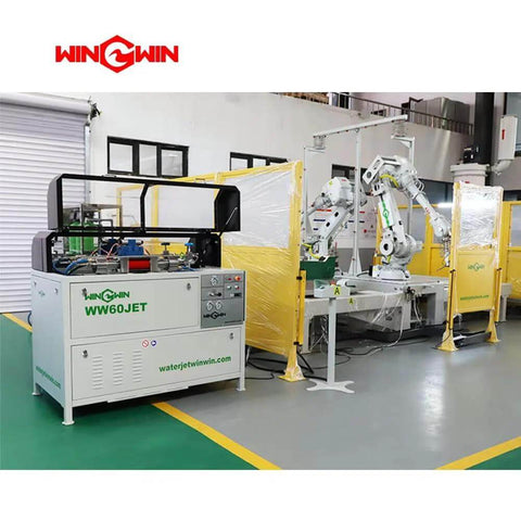 WIN GWIN WW60JET waterjet cutting machine with two robotic arms in industrial factory setting