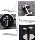 Fashionable Titanium Steel Cross Cufflinks For Men With Polished Black Finish showing cross detail and fastener back view
