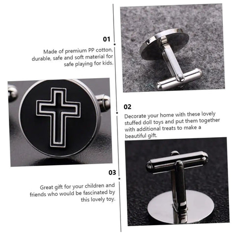 Fashionable Titanium Steel Cross Cufflinks For Men With Polished Black Finish showing cross detail and fastener back view