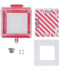 Emergency Stop Button Cover And Switch Protector Transparent Case With Mounting Parts For Industrial Equipment Keeps Unauthorized Use In Check During Maintenance Red ABS Base And Clear PC Body, 105x105x63 mm, screws included