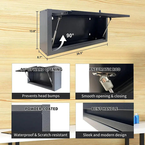 Industrial Grade Garage Workbench Set Featuring Rock Solid Metal Lockers Ceiling Cabinets And Perforated Wall Panels For Ultimate Home Shop Tool Organization System with pneumatic rod and 90° upward opening.
