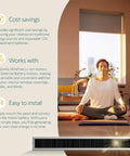 Meditating woman in sunny room with Wirefree Li Ion Solar Panel Kit 2 Pack for RTS Motorized Shades and Blinds features listed.