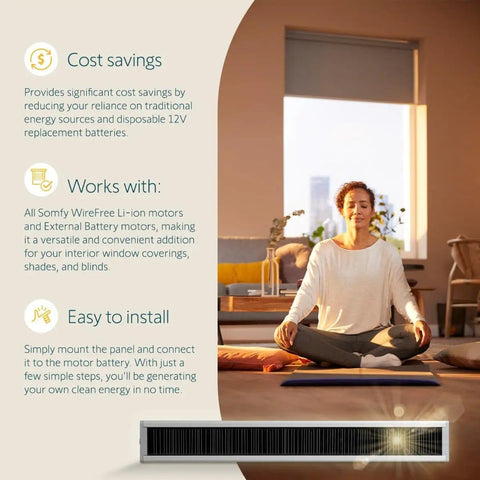 Meditating woman in sunny room with Wirefree Li Ion Solar Panel Kit 2 Pack for RTS Motorized Shades and Blinds features listed.
