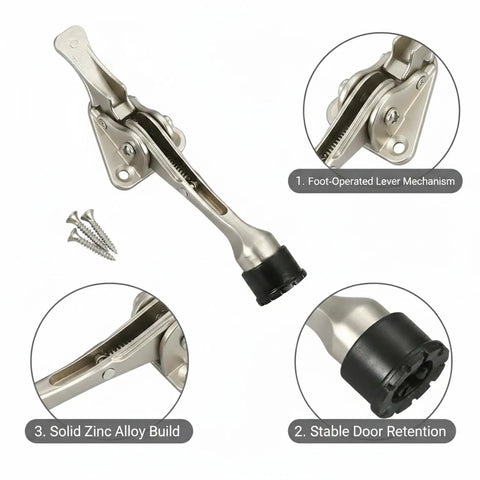 Foot Operated Door Stop With Zinc Alloy Floor Holder For Hands Free Entryway Access, Pedal Activated Door Holder details
