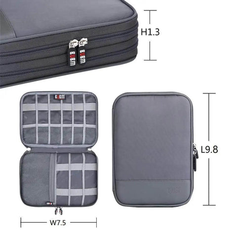 Grab And Go Double Layer Cable Organizer Pouch For Travel And Daily Adventures With Thick Padding, gray, zipped, opened with pockets.