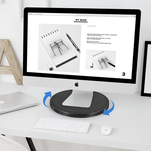 12 Inch Rotating Turntable With Steel Ball Bearings For Flat Panel Monitors TVs Potted Plants And Stereo Speakers A Versatile Heavy Duty Black Swivel Stand For Home Office Desk Or Display Setup shown on a desk with computer
