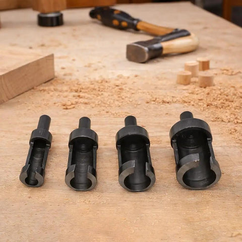 Four Piece Woodworking Plug Cutter Kit for Concealing Screw Holes and Straight Shooting Joinery, carbon steel bits 1/4 to 5/8 inch.