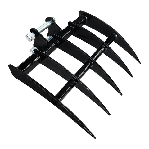 Mini Excavator Rake Attachment For 0.8 To 1.8 Ton Machines, wide backhoe rake in black steel for land clearing, debris removal, soil spreading