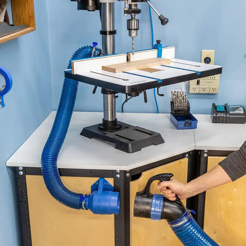Beefy Drill Press Table And Fence For Rock-Solid, Repeatable Drilling With A Large Work Surface, Dual T-Track System and dust hose
