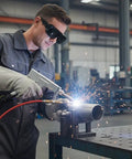 Heavy Duty Laser Safety Glasses For Handheld Fiber Welding With Real Deal OD8 Plus DIN4 coverage, welder using equipment in workshop.