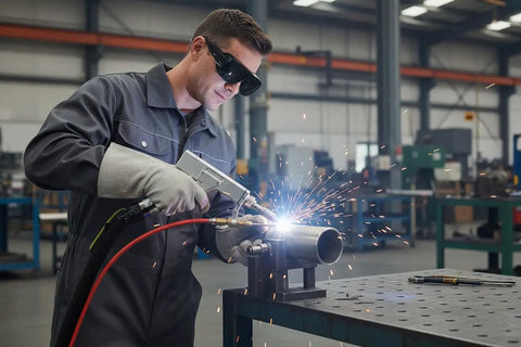 Heavy Duty Laser Safety Glasses For Handheld Fiber Welding With Real Deal OD8 Plus DIN4 coverage, welder using equipment in workshop.