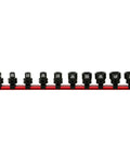 Pinless Universal Swivel Impact Socket Set, 10-Piece Metric, 3/8 Inch Drive on red rail, black phosphate finish.