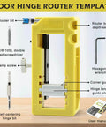 All In One Door Hinge Installation Kit With Router Template For 3 To 5 Inch Doors And 1/4 Or 5/8 Inch Thickness Includes Router Bit Self Centering Hinge Bit Double Headed Screwdriver And Easy To Follow User Manual Green, showing components labeled.