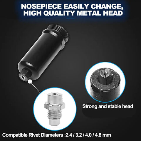 Dead-Easy No-Fuss Cordless Rivet Gun With 21V Battery And Brushless Motor For Automatic Core Pulling and tight fit nozzle head.