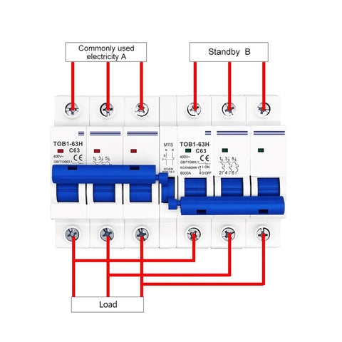 Built Tough Three Pole AC Circuit Breaker MCB 20 Amp Miniature Switch wiring diagram showing load connections and labels.