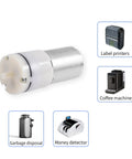Six Volt Mini Aquarium Air Pump Motor for Oxygen Circulation shown with compatible devices like garbage disposal, label printers, coffee machine.