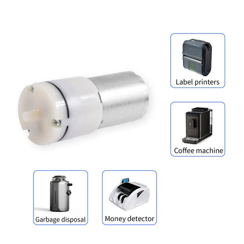 Six Volt Mini Aquarium Air Pump Motor for Oxygen Circulation shown with compatible devices like garbage disposal, label printers, coffee machine.