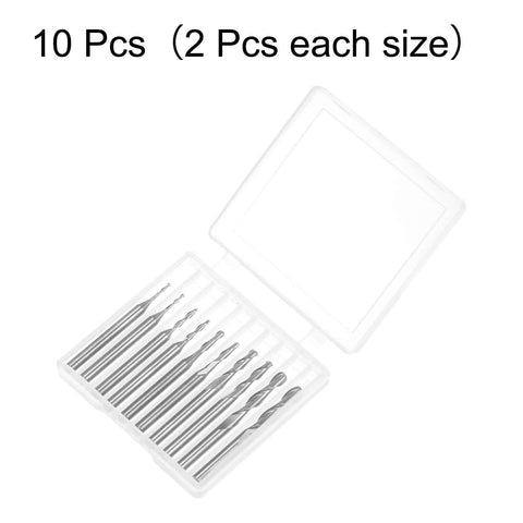 uxcell ball-nose end mill set, 10 pcs, 1/8 inch shank, 2-flute solid carbide, upcut, in plastic case.