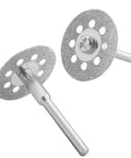 Diamond cutting wheels with 3mm mandrels for rotary tool; two 22mm silver diamond discs shown