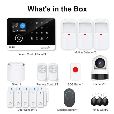Heavy Duty All In One Wireless Home Security Alarm System 23 Piece Kit with control panel, camera, motion detectors, and sensors.