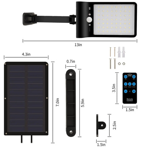 Diagram of Solar Lights Outdoor With Remote Control, 56LED 180 Degree Adjustable Security Night Light, with measurements