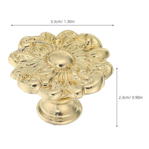 Antique Zinc Alloy Drawer Pulls for Dresser and Cabinets in floral design, gold finish, dimensions 3.3cm x 2.3cm.