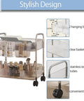 Two Tier Rolling Storage Cart On Wheels With Easy Grip Handle For Under Desk Mobility, Multi Purpose Trolley Organizer With Two Hanging Baskets