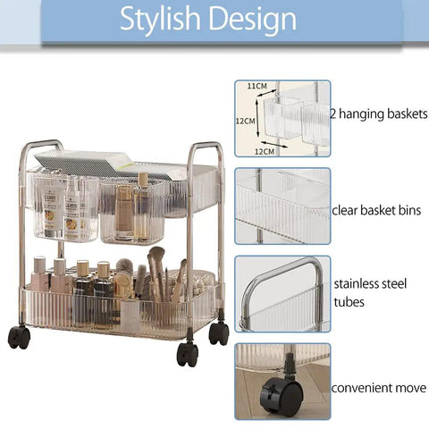 Two Tier Rolling Storage Cart On Wheels With Easy Grip Handle For Under Desk Mobility, Multi Purpose Trolley Organizer With Two Hanging Baskets