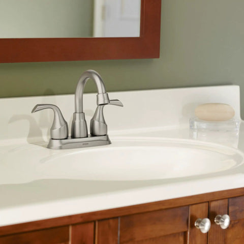 Idora Two-Handle Centerset Bathroom Faucet With High Arc Spout, Spot Resistant Brushed Nickel Finish installed on white sink