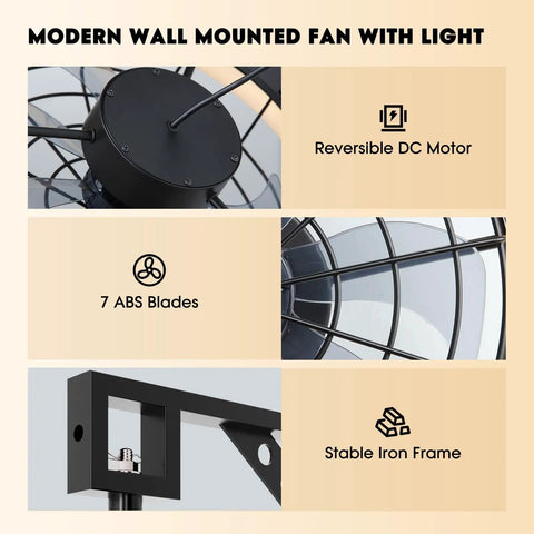 Wall Mounted Fan With Lights 23 Inch Remote And App Control 6 Speeds Dimmable 3 CCT Reversible DC Motor Iron Frame