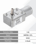 Heavy Duty DC Six Volt Worm Gear Motor Providing Ninety Rpm Low Speed And Beefy High Torque Via Fourteen Millimeter D Shaft Self Locking Design Made For Car Mods Home Tech And Robot Kits Includes Mounting Bracket And Screws For Fast Install Anytime - close-up of motor with specifications.