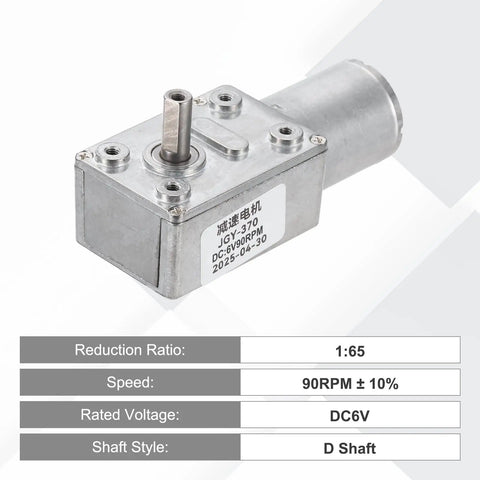 Heavy Duty DC Six Volt Worm Gear Motor Providing Ninety Rpm Low Speed And Beefy High Torque Via Fourteen Millimeter D Shaft Self Locking Design Made For Car Mods Home Tech And Robot Kits Includes Mounting Bracket And Screws For Fast Install Anytime - close-up of motor with specifications.