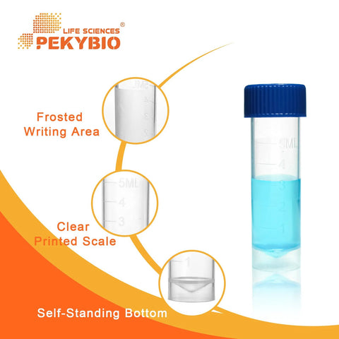 PEKYBIO 5 mL sterile plastic test tube with blue screw cap; self-standing bottom and frosted writing area