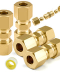 Brass compression fittings set, 4-pack, 1/4 in. OD ice maker water line connectors for fridge and plumbing
