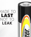 Close-up of Dependable Alkaline Double A Battery showing durability with text 'Made to last not to leak' on the side.