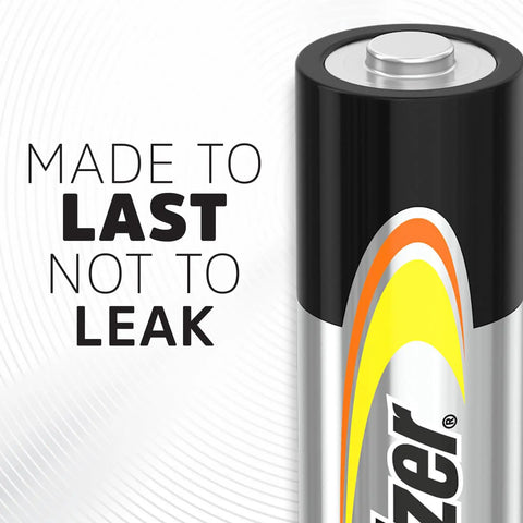 Close-up of Dependable Alkaline Double A Battery showing durability with text 'Made to last not to leak' on the side.