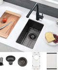 14 By 18 Inch Undermount Bar Sink Stainless Steel 16 Gauge T304 Pro Grade R10 Tight Radius Small RV Single Bowl Kitchen Prep Sink With Bottom Grid Drain And Roll Up Rack installed in modern kitchen environment, showing accessories and sink grid layout.