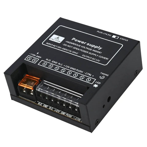 Heavy Duty Power Supply Controller For Door Access Systems With 110 To 240 Volt AC Input And 12 Volt DC 4 Amp Output Ideal For Electric Locks Intercoms And Security Cameras Global Voltage Ready Easy Install black unit with connectors
