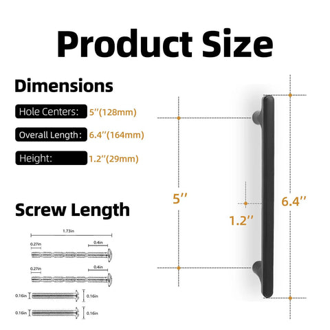 Dimensions and screw lengths for 5 Inch Cabinet Pulls Matte Black Zinc Alloy Drawer Pulls 10 Pack Solid Cabinet Hardware