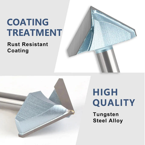 1 2 Inch Shank 90 Degree V Groove Router Bit With 2 Inch Dia showing high-quality tungsten steel alloy and rust resistant coating.