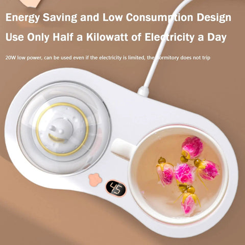 Intelligent Gravity Sensor Coffee Mug Warmer Electric Heated Coaster with flowers, energy-saving design and digital display.