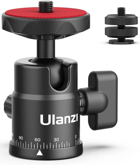 Mini Ball Head H28 Panoramic Tripod Head With Dual Hot Shoe Mount for DSLR and smartphone, aluminum black with red top.