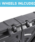 Close-up of Heavy Duty Cantilever Umbrella Weighted Base showing included wheels for mobility, 300 Lb Capacity, 34 by 34 by 7 Inches