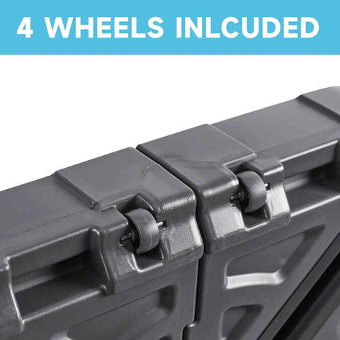 Close-up of Heavy Duty Cantilever Umbrella Weighted Base showing included wheels for mobility, 300 Lb Capacity, 34 by 34 by 7 Inches